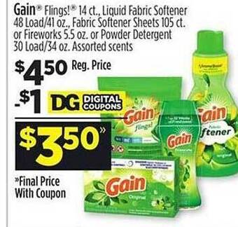 Dollar General Gain flings!, liquid fabric softener, fabric softener sheets or fireworks or powder detergent offer