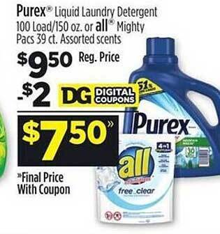Dollar General Purex liquid laundry detergent or all mighty pacs offer