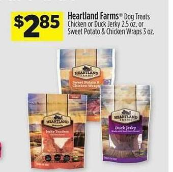 Dollar General Heartland farms dog treats chicken or duck jerky or sweet potato & chicken wraps offer