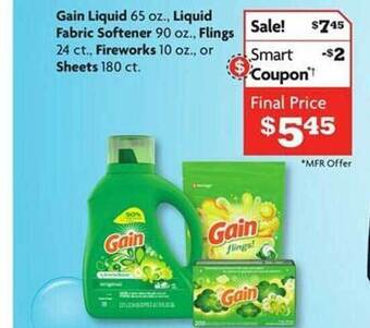 Family Dollar Gain liquid, liquid fabric softener, flings, fireworks or sheets offer