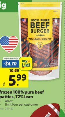 Lidl Frozen 100% pure beef patties, 72% lean offer