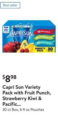 Walmart Capri sun variety pack with fruit punch, strawberry kiwi & pacific cooler juice box pouches offer