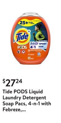 Walmart Tide pods liquid laundry detergent soap pacs, 4-n-1 with febreze, he compatible, 85 count, fights even week old odors, sport offer