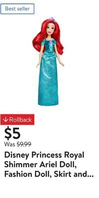 Walmart Disney princess royal shimmer ariel doll, fashion doll, skirt and accessories offer