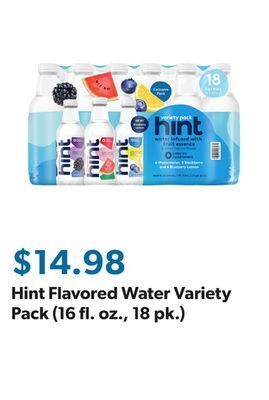 Sam's Club Hint flavored water variety pack (16 fl. oz., 18 pk.) offer