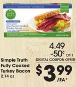 Kroger Simple Truth Fully Cooked Turkey Bacon 2.14 oz offer