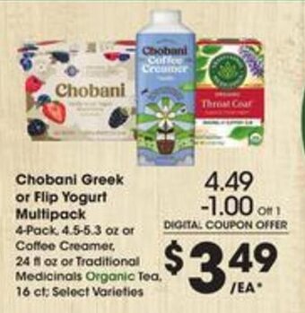 Kroger Chobani Greek or Flip Yogurt Multipack 4-Pack, 4.5-5.3 oz offer