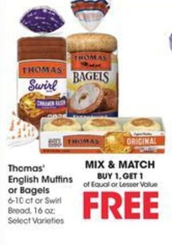 Kroger Thomas' English Muffins or Bagels 6-10 ct offer