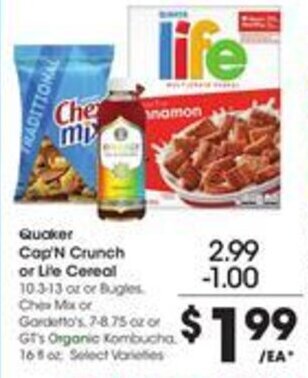 Kroger Quaker Cap'N Crunch or Life Cereal 10.3-13 oz offer