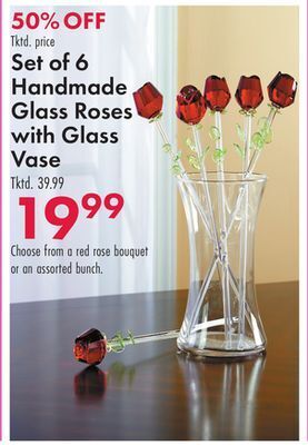 Boscov's Set of 6 handmade glass roses with glass vase offer