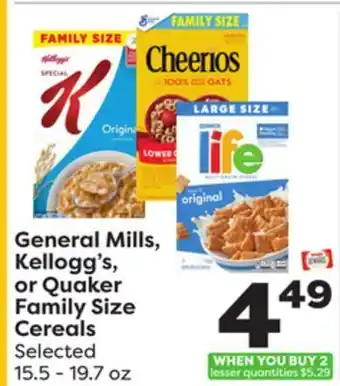 Weis Markets General mills, kellogg's, or quaker family size cereals offer