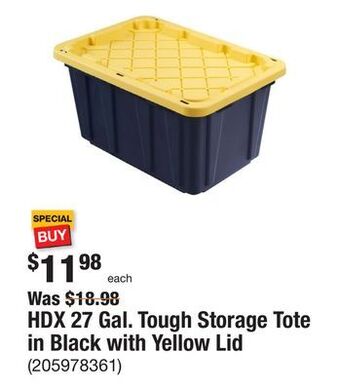 The Home Depot Hdx 27 gal. tough storage tote in black with yellow lid offer