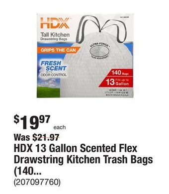 The Home Depot Hdx 13 gallon scented flex drawstring kitchen trash bags (140-count) offer