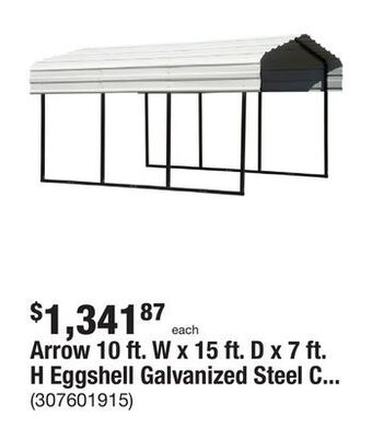 The Home Depot Arrow 10 ft. w x 15 ft. d x 7 ft. h eggshell galvanized steel carport, car canopy and shelter offer