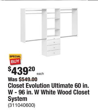 The Home Depot Closet evolution ultimate 60 in. w - 96 in. w white wood closet system offer