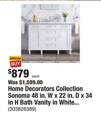 The Home Depot Home decorators collection sonoma 48 in. w x 22 in. d x 34 in h bath vanity in white with white carrara marble top offer