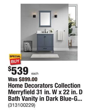 The Home Depot Home decorators collection merryfield 31 in. w x 22 in. d bath vanity in dark blue-gray with marble vanity top in carrara whi offer