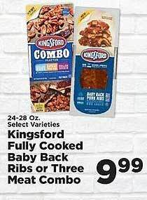 IGA Kingsford fully cooked baby back ribs or three meat combo offer