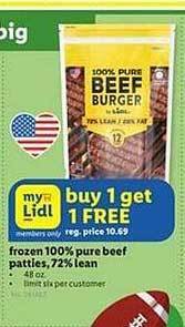 Lidl Frozen 100% pure beef patties, 72% lean offer