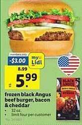 Lidl Frozen black angus beef burger, bacon & cheddar offer
