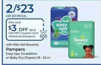 Rite Aid Pampers easy ups, swaddlers or baby dry diapers offer
