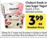 Safeway Chobani Greek or Less Sugar Yogurt offer