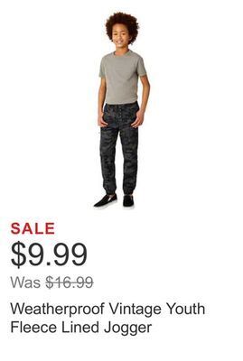 Costco Weatherproof vintage youth fleece lined jogger offer