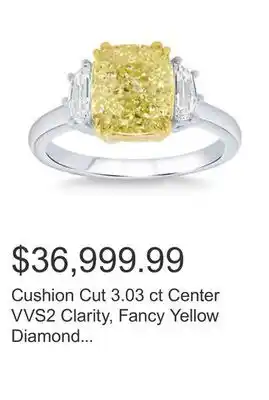 Costco Cushion cut 3.03 ct center vvs2 clarity, fancy yellow diamond platinum three stone ring offer