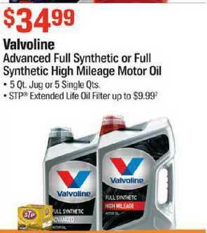 AutoZone Valvolinde Advanced Full Synthetic Of Full Synthetic High Mileage Motor Oil offer