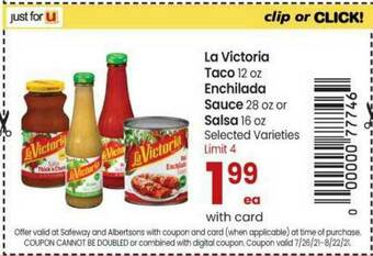 Safeway La Victoria Taco 12 Oz Enchilada Sauce 28 Oz Or Salsa 16 Oz offer