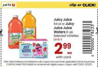 Safeway Juicy Juice 64 Oz Or Juicy Juice Juice Waters 8-Pk offer