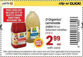 Safeway O Organics® Lemonade Juice 64 Oz offer