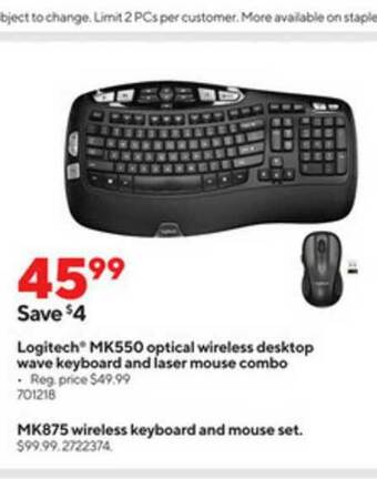 Staples Logitch Mk550 Optical Wireless Desktop Wafe Keyboard And Laser Mouse Combo offer