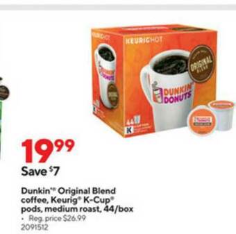 Staples Dunkin Original Blend Coffee Keurig K-cup Pods Medium Roast 44 Box offer