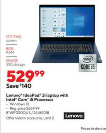 Staples Lenovo Ideapad 3i Laptop With Intel Core I5 Processor offer