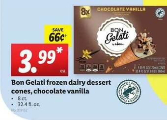 Lidl Bon Gelati Frozen Dairy Dessert Cones Chocolate Vanilla offer