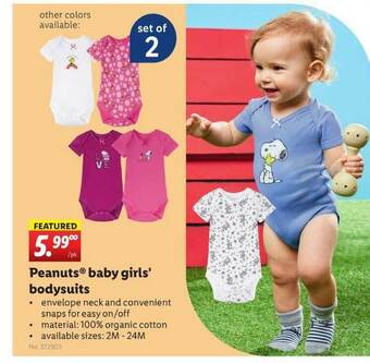 Lidl Peanuts Baby Girl's Bodysuits offer