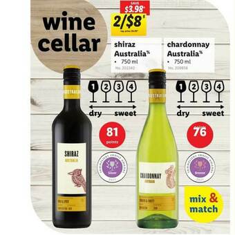 Lidl Wine Cellar Shiraz Australia, Chardonnay Australia offer
