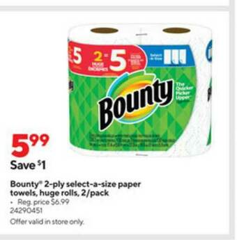 Staples Bounty 2-ply Select-a-size Paper Towels Hunge Rolls offer