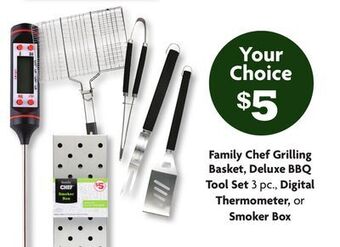 Family Dollar Family chef grilling basket, deluxe bbq tool set 3 pc., digital thermometer, or smoker box offer