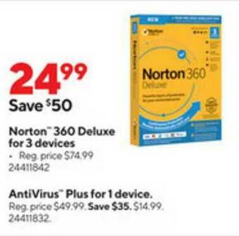 Staples Norton 360 Deluxe For 3 Devices Antivirus Plus For 1 Device offer