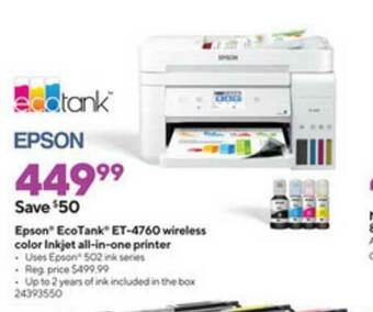 Staples Epson Ecotank Et-4760 Wireless Color Inkjet All-in-one Printer offer
