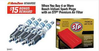 AutoZone When You Buy 4 Or More Bosch Iridium Spark Plugs With An STP® Premium Air Filter offer