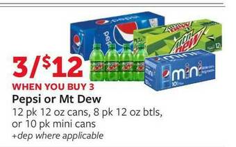 Fareway Pepsi Or Mt Dew 12 Pk 12 Oz Cans, 8 Pk 12 Oz Btls Or 10 Pk Mini Cans offer