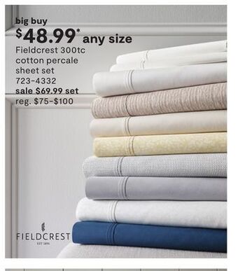 JC Penney Fieldcrest 300tc cotton percale sheet set offer