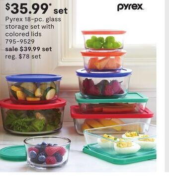 JC Penney Pyrex 18-pc. glass storage set with colored lids offer