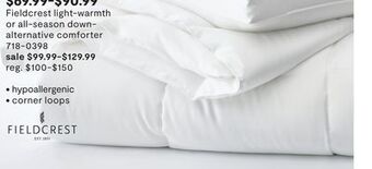 JC Penney Fieldcrest light-warmth or all-season down-alternative comforter offer