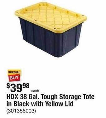 The Home Depot Hdx 38 gal. tough storage tote in black with yellow lid offer