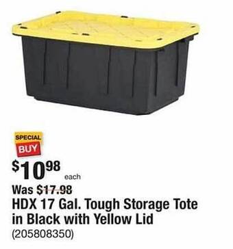The Home Depot Hdx 17 gal. tough storage tote in black with yellow lid offer