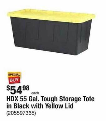 The Home Depot Hdx 55 gal. tough storage tote in black with yellow lid offer